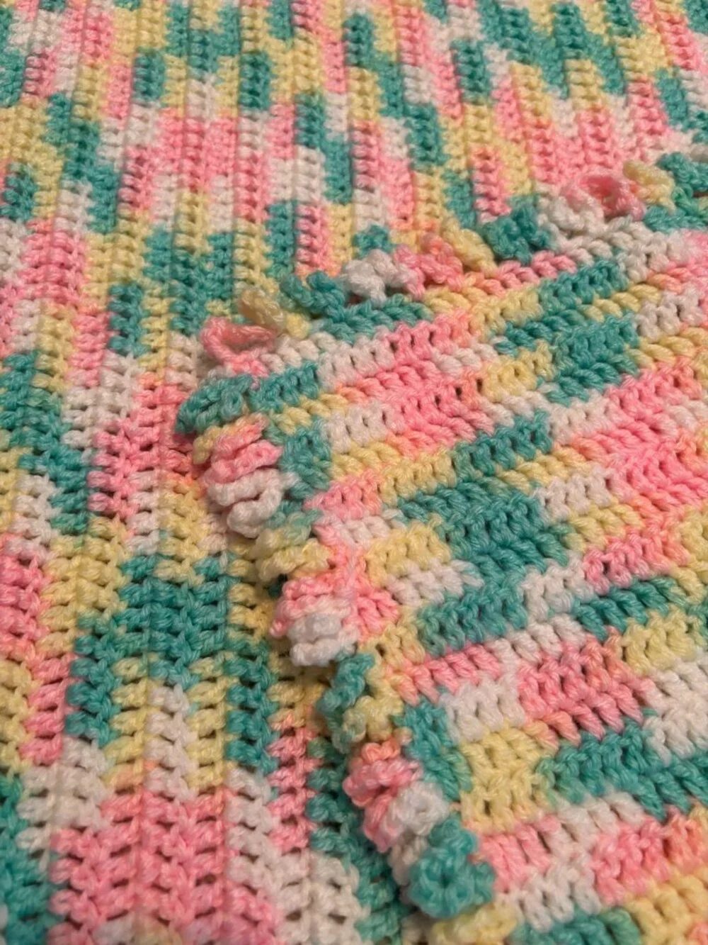 Handmade Multicolored Crochet Baby Blanket With Ruffled Edge Pink Yellow Green &